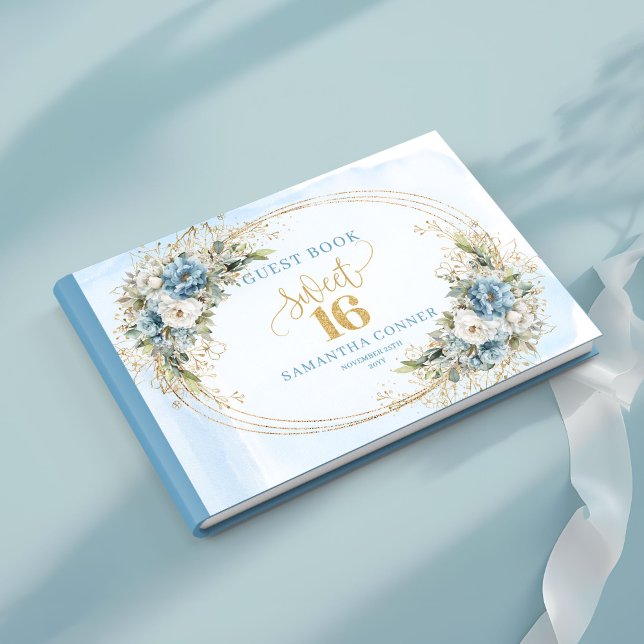 Modern Dusty Blue Floral Gold Sweet Sixteen Guest  Book (Modern Dusty Blue Floral Gold Sweet Sixteen Guest Book)