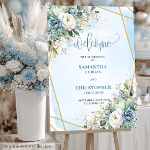 Modern Dusty Blue Floral Gold Wedding Welcome Sign