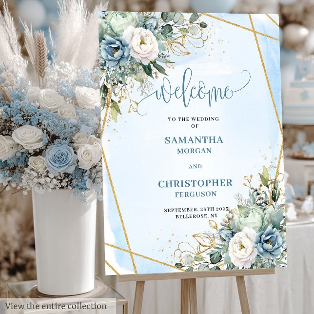 Modern Dusty Blue Floral Gold Wedding Welcome Sign (Modern Dusty Blue Floral Gold Wedding Welcome Poster)