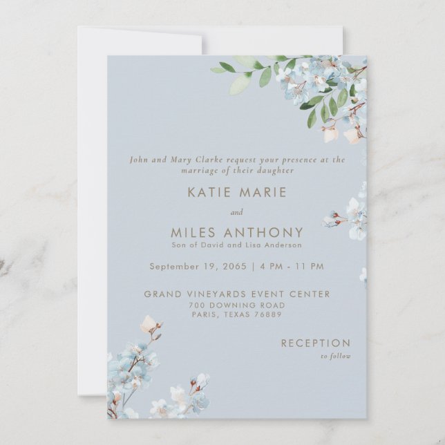 Modern Dusty Blue Floral Greenery Wedding  Invitation (Front)