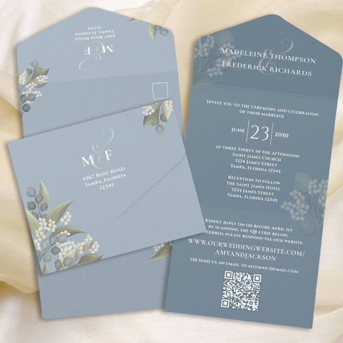 Modern Dusty Blue Floral Minimalist QR Code RSVP All In One Invitation