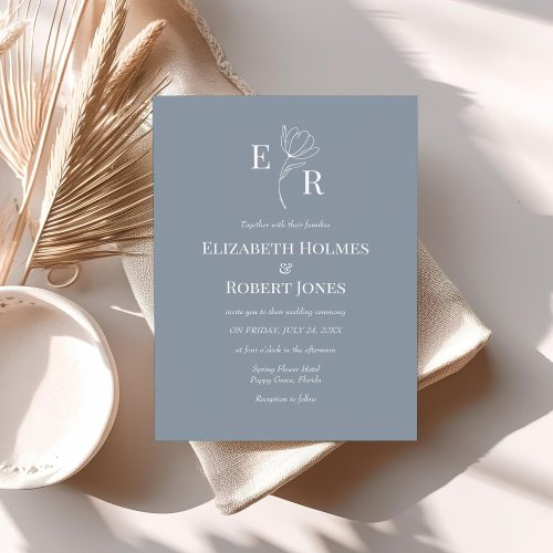 Modern Dusty Blue Floral Monogram Wedding  Invitation