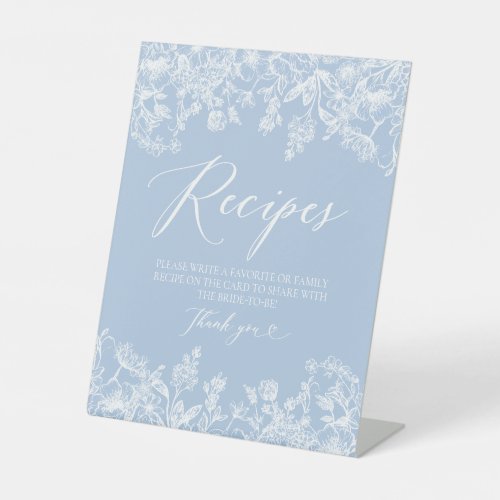 Modern Dusty Blue Floral Recipe Card Bridal Shower Pedestal Sign