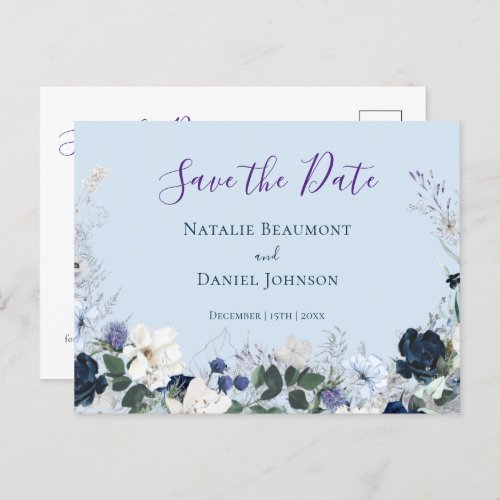 Modern Dusty Blue Floral Save the Date Announcement Postcard
