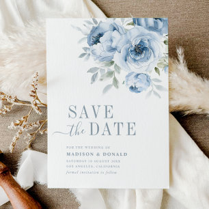 modern dusty blue floral save the date card