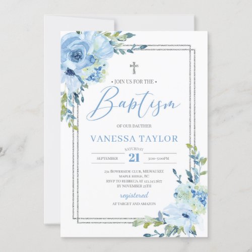 Modern dusty blue floral silver frame boho baptism invitation