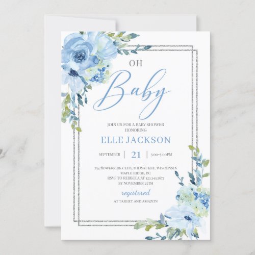 Modern dusty blue floral silver frame oh baby invitation