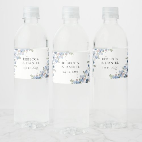 Modern Dusty Blue Floral Water Bottle Label