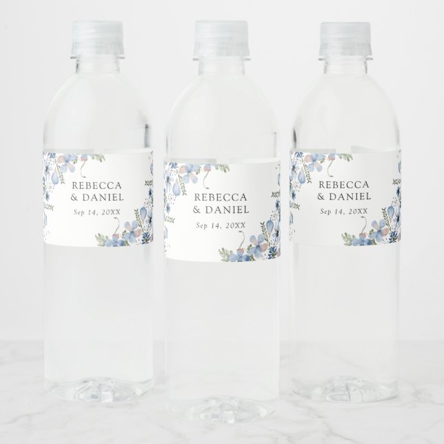 Modern Dusty Blue Floral Water Bottle Label (Bottles)