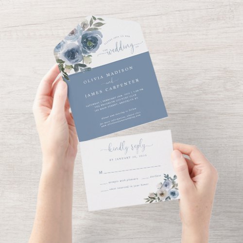 Modern Dusty Blue Floral Watercolor Rustic Wedding All In One Invitation
