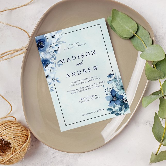 Modern Dusty Blue Floral Wedding Invitation (Creator Uploaded)