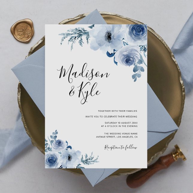 modern dusty blue floral wedding invitation (Creator Uploaded)
