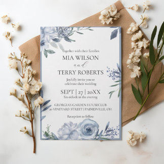 Modern Dusty Blue Floral Wedding Invitation
