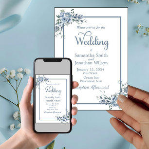 Modern Dusty Blue Floral Wedding Invitation