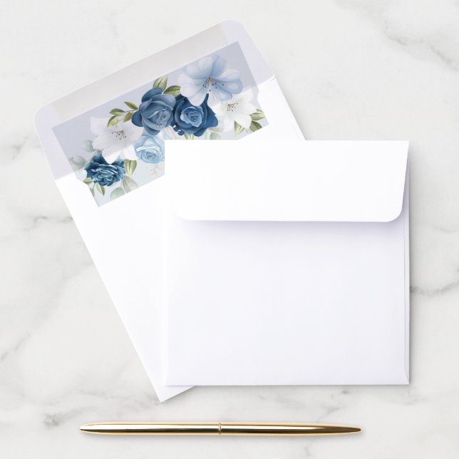 Modern Dusty Blue Floral Wedding Invitations Envelope Liner (Desk)