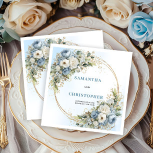 Modern Dusty Blue Floral Wedding Napkins Gold
