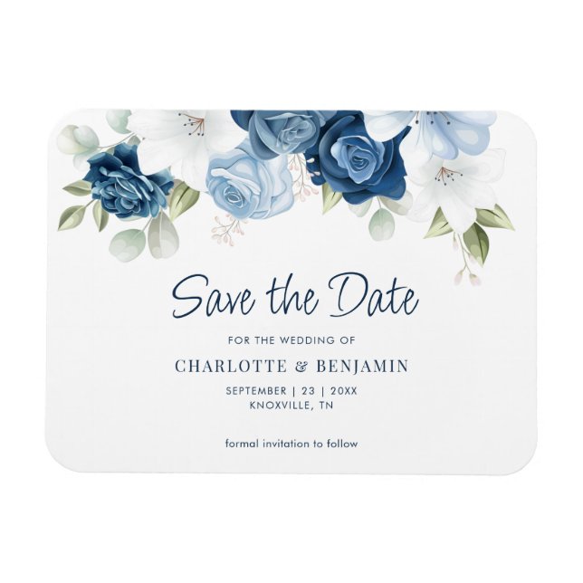 Modern Dusty Blue Floral Wedding Save the Date Magnet (Horizontal)