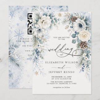 Modern Dusty Blue Floral Winter QR Code Wedding Invitation