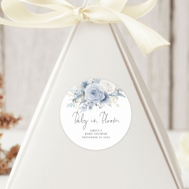 Modern Dusty Blue Florals Baby in Bloom Shower Classic Round Sticker (Creator Uploaded)