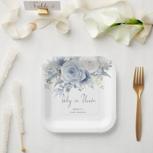 Modern Dusty Blue Florals Baby in Bloom Shower Paper Plates