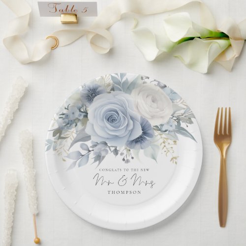 Modern Dusty Blue Florals Congrats Mr Mrs Wedding  Paper Plates