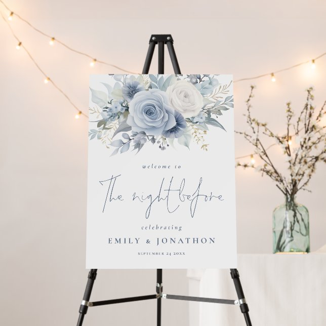 Modern Dusty Blue Florals Night Before Welcome Foam Board (In Situ (Stand))