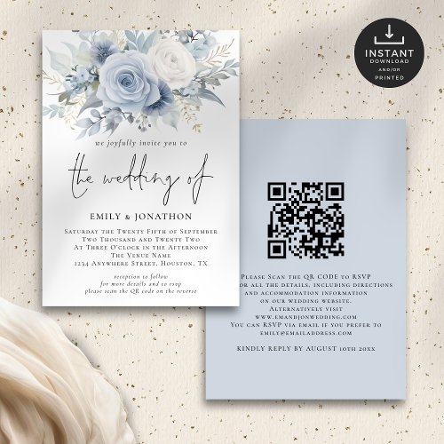 Modern Dusty Blue Florals QR Code Wedding Invitation