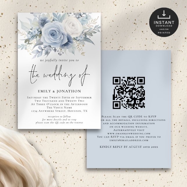 Modern Dusty Blue Florals QR Code Wedding Invitation (Front and back view)