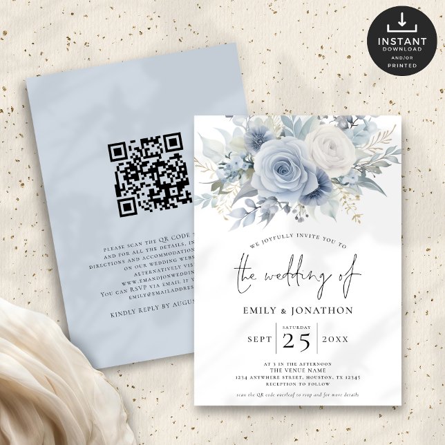 Modern Dusty Blue Florals QR Code Wedding Invitation (Front and back view)