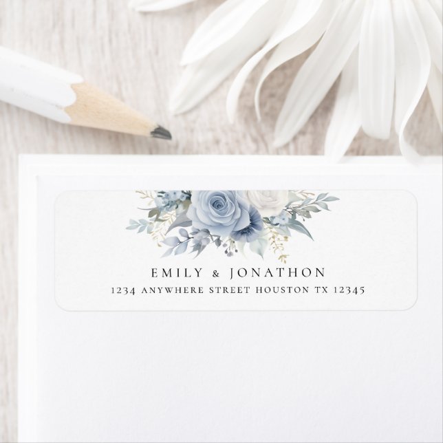Modern Dusty Blue Florals Return Name Address Label (Insitu)