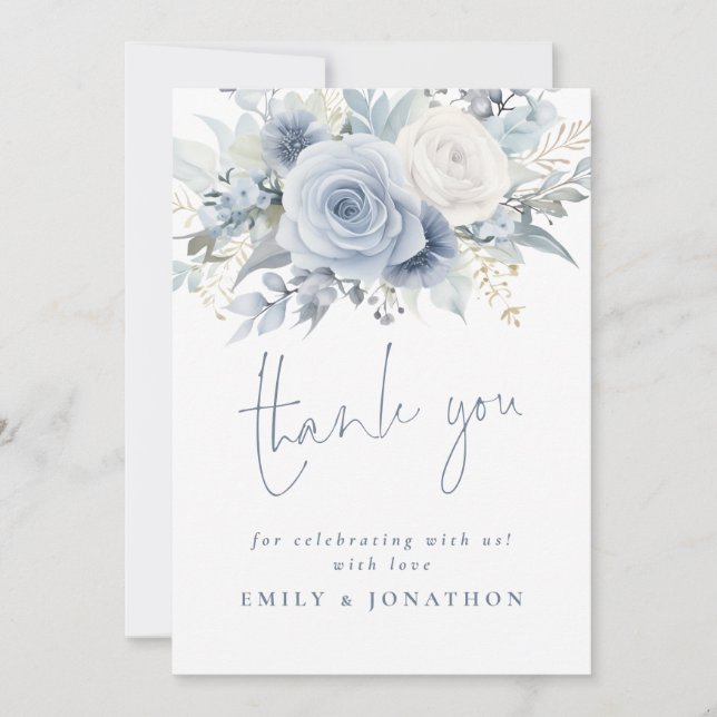 Modern Dusty Blue Florals Thank you Card (Front)