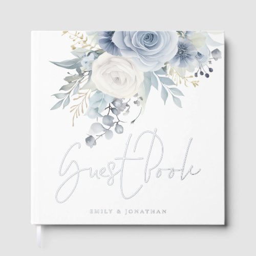 Modern Dusty Blue Florals Wedding Foil Guest Book