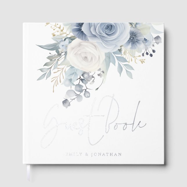 Modern Dusty Blue Florals Wedding Foil Guest Book (Front)