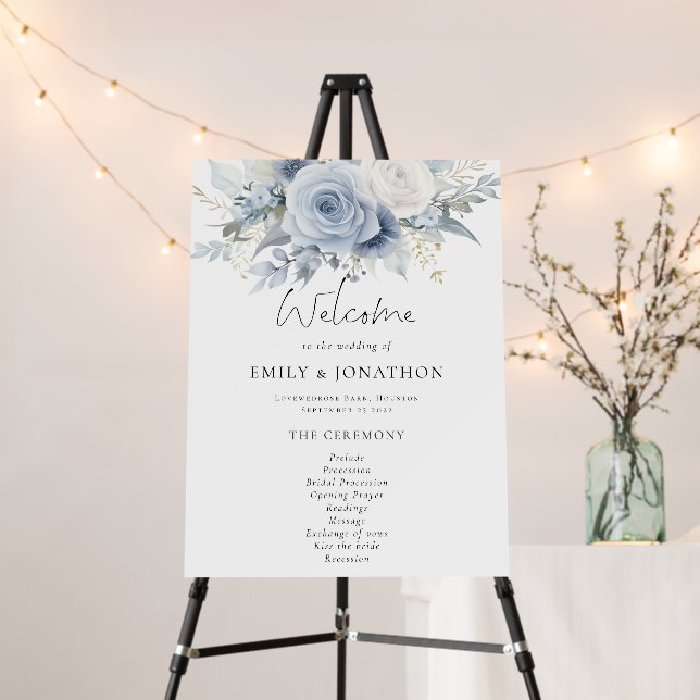 Modern Dusty Blue Florals Welcome Program Foam Board (In Situ (Stand))