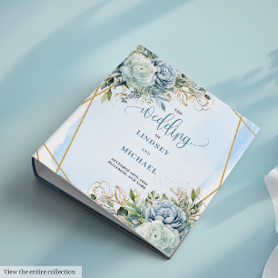 Modern Dusty Blue Flowers and Gold Frame Wedding 3 Ring Binder