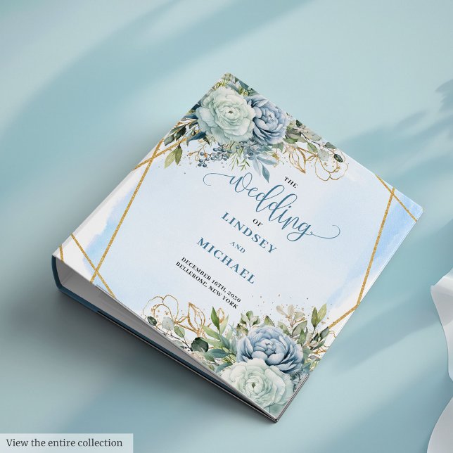 Modern Dusty Blue Flowers and Gold Frame Wedding  3 Ring Binder (Modern Dusty Blue Flowers and Gold Frame Wedding Book)