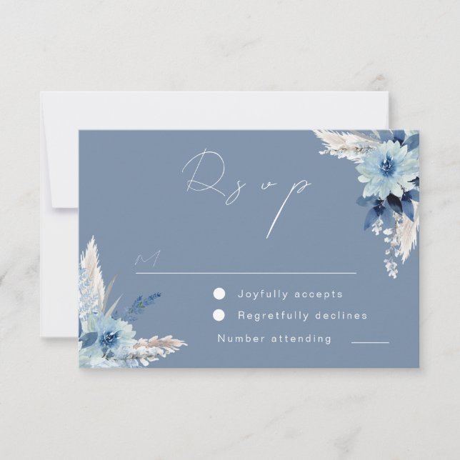 Modern Dusty Blue Flowers Beautiful Wedding RSVP Card (Front)