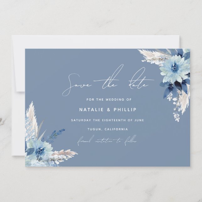 Modern Dusty Blue Flowers Beautiful Wedding Save The Date (Front)