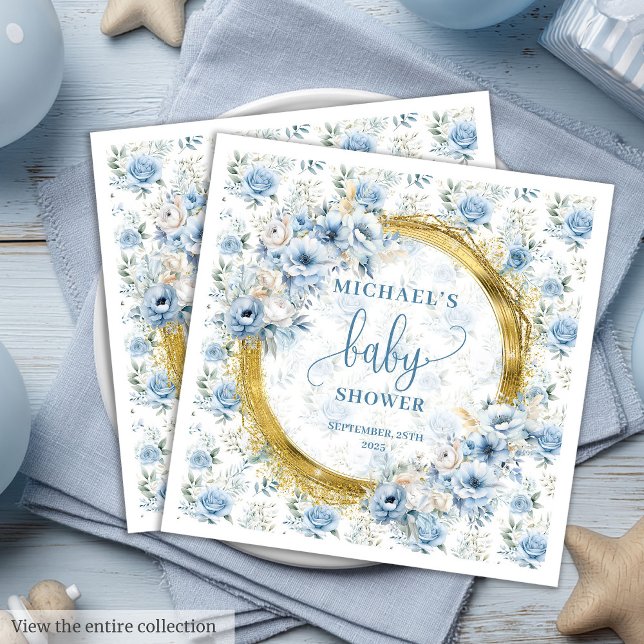 Modern dusty blue flowers gold boy baby shower   paper dinner napkins (Modern dusty blue flowers gold boy baby shower Paper Dinner Napkins)