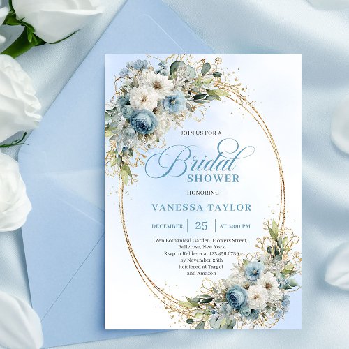 Modern Dusty Blue Flowers Gold Frame Bridal Shower