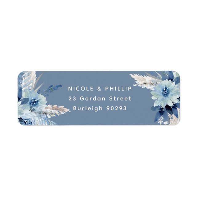 Modern Dusty Blue Flowers Return Address Wedding Label (Front)