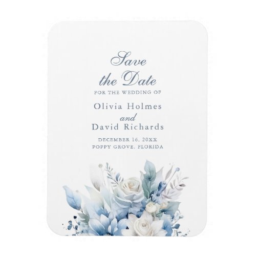 Modern Dusty Blue Flowers Save the Date Card Magnet