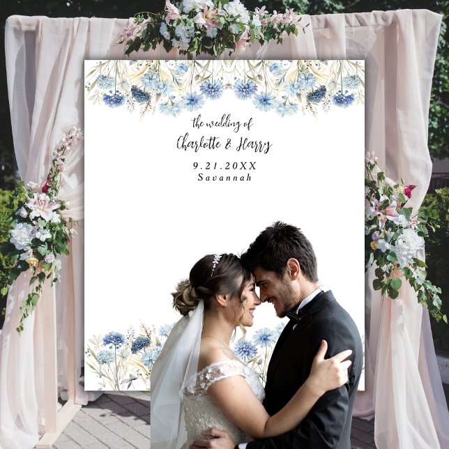 Modern Dusty Blue Flowers Wedding Photo  Backdrop (Creator Uploaded)