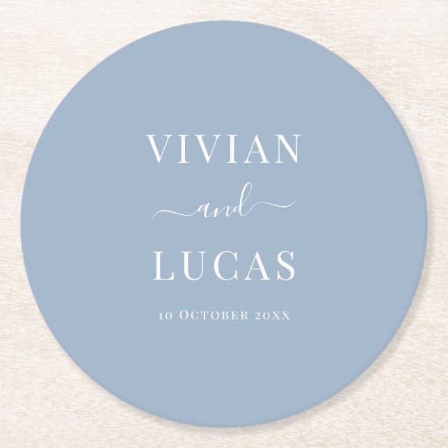 Modern Dusty Blue Formal Minimal Wedding Round Paper Coaster (Front)