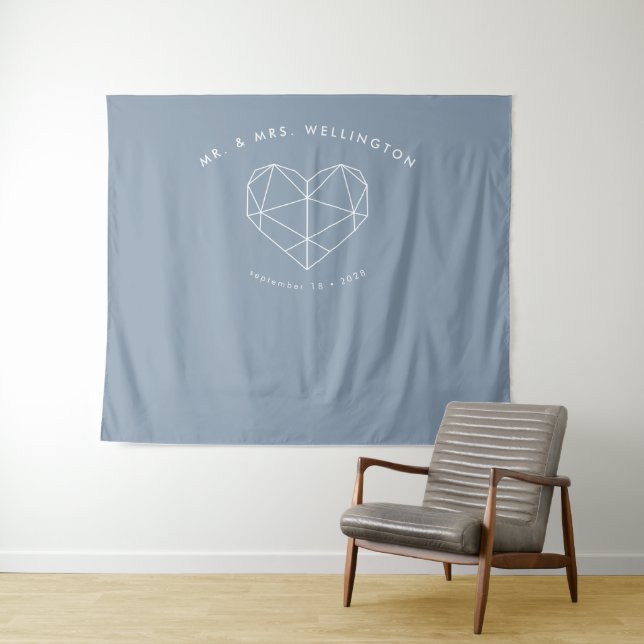 Modern Dusty Blue Geometric Heart Wedding  Tapestry (In Situ (Horizontal))