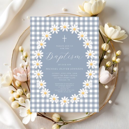 Modern Dusty Blue Gingham Floral Baby Boy Baptism Invitation