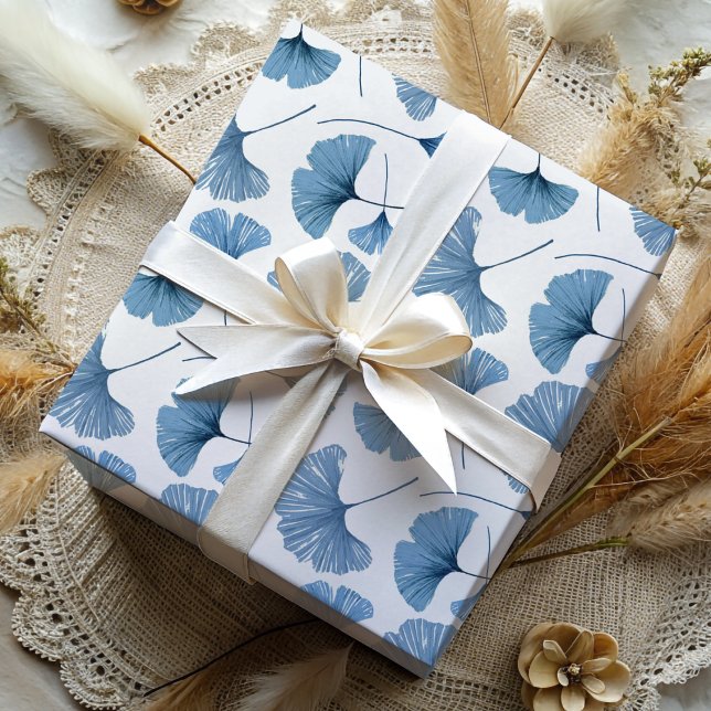 Modern Dusty Blue Ginkgo foliage   Wrapping Paper Sheets (Creator Uploaded)