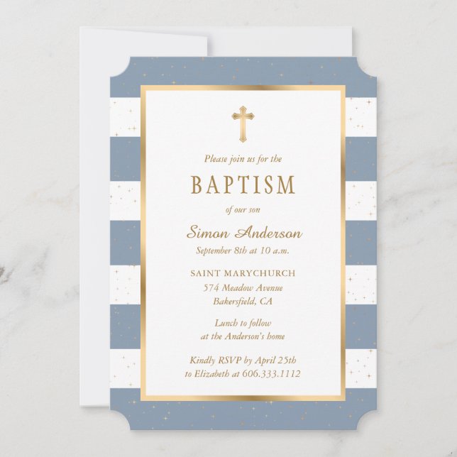 Modern Dusty Blue Gold Cross Stars Boy Baptism Invitation (Front)