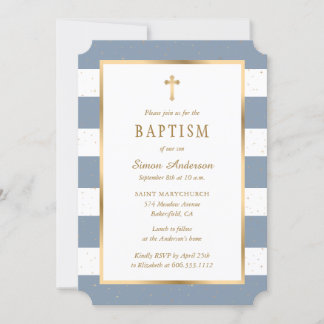 Modern Dusty Blue Gold Cross Stars Boy Baptism Invitation