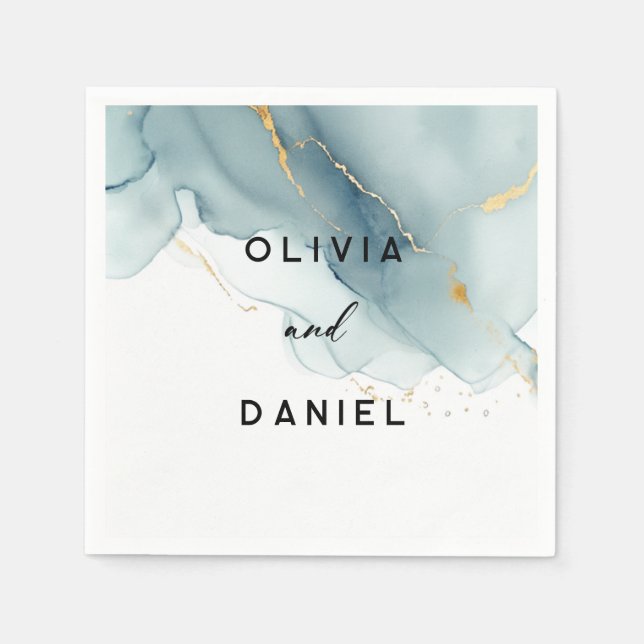 Modern Dusty Blue Gold Elegant Chic Beach Wedding Napkins (Front)